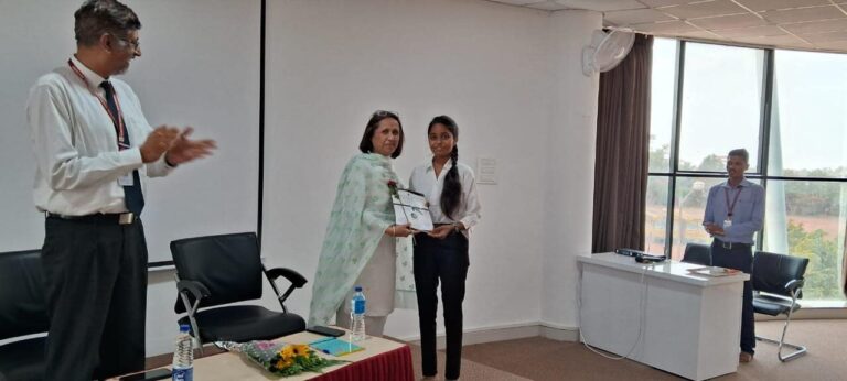 Felicitation to Shradha Patil by Dr.Rajshree Nagaraju,President Maratha Mandal Group for scoring 100/100 in Engg Maths and Computer Aided Design.(21/06/2023)